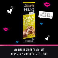 Lindt Hello Cookies & Cream Chocolate | Rúd 100g | Tejcsokoládé sütivel és tejszínes töltelékkel | Csokoládé | Csokoládé ajándék