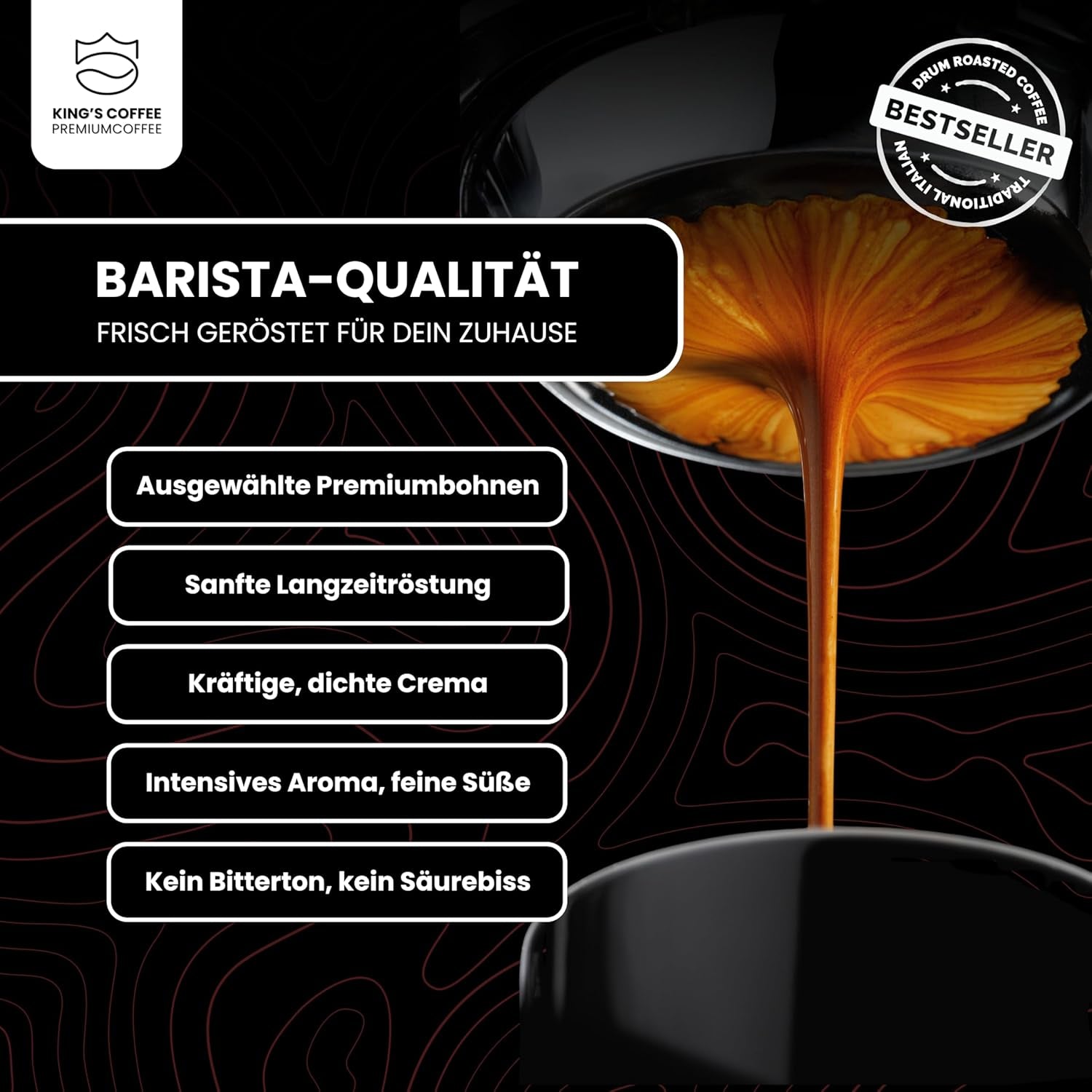 KING'S COFFEE - EDIȚIE NEAGRĂ - 1 kg Boabe de Cafea Crema Intense - Cafea cu Aciditate Scăzută - Prăjire în Loturi Mici din Italia - Boabe de Espresso Arabica Puternic (Amestec) pentru Aparate Complet Automate și Portafiltru