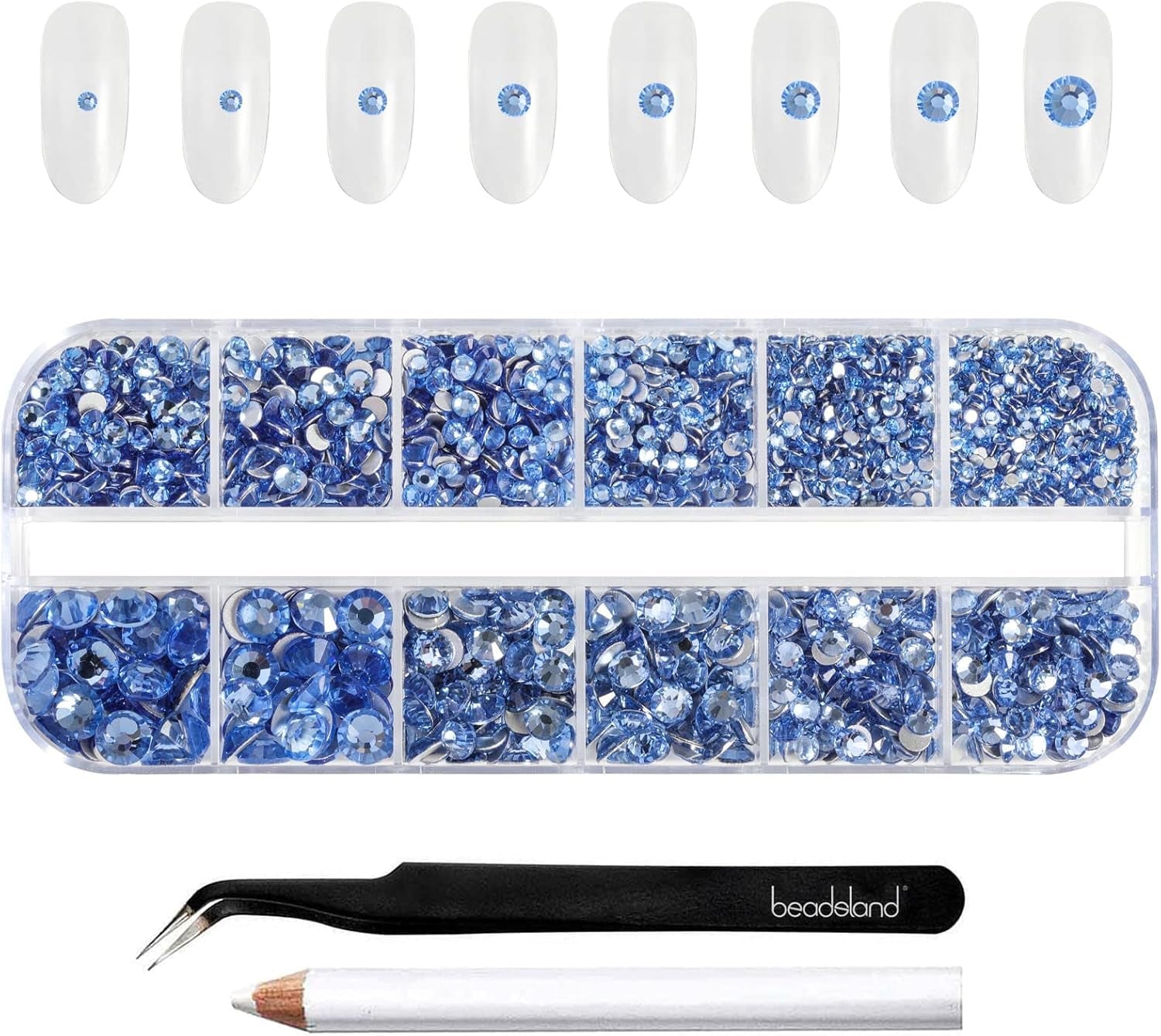 Beadsland 2500Pcs Glas Nailart Strasssteine Kristall Flatback Edelsteine Runde, ​​Für Handwerk Gemischt 8 Größen SS4 ~ SS30 Mit Picking Pinzette Und Stift (Kristall Weiss)