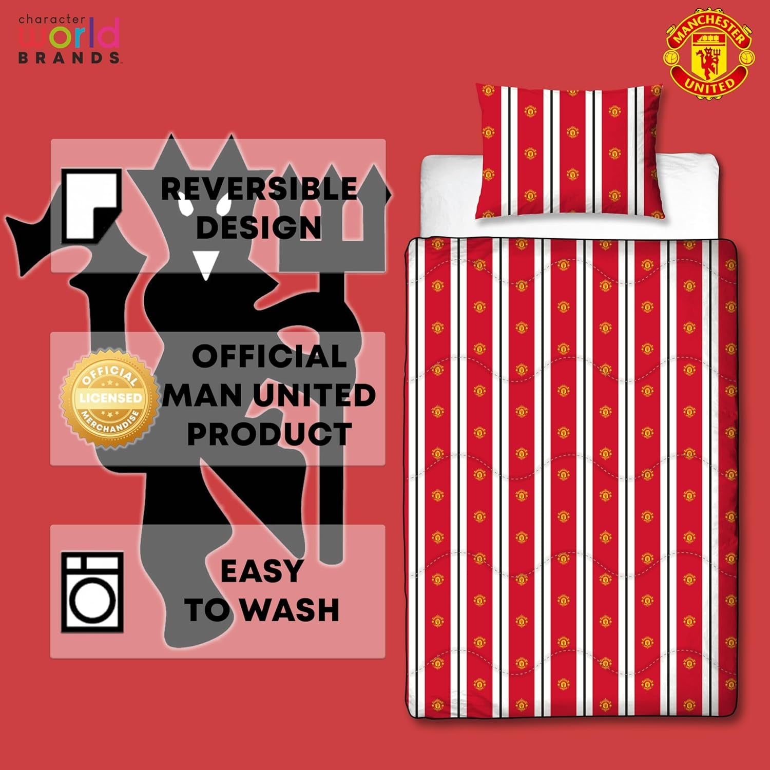 Manchester United FC Official Single Duvet, Reversible, Red & White, Coverless, Football Quilt, Pillowcase, Lavabil, Perfect pentru călătorii, Overnight Stays, 10.5 Tog Plapumi si pilote Naty Shop