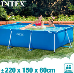 Négyszögletes keretes medence - Aufstellpool, kék - 220 x 150 x 60 cm és Oberflächenskimmer - Deluxe Oberflächenskimmer zur Wandmontage - Hängeskimmer, szürke