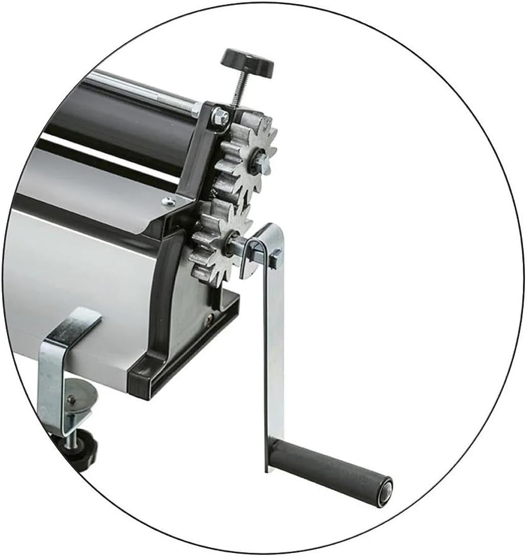 DKN pizza tésztahenger gép kézi hajtókarral, 48,8 cm, tésztafőző gép, teigfolie szárvédő tekercsekkel és Dicken vezérléssel – masszív Stahl és alumínium szerkezet