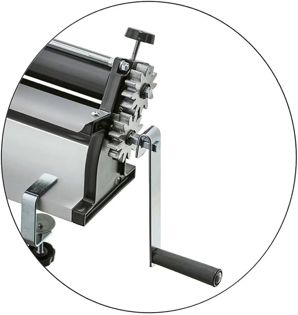 DKN pizza tésztahenger gép kézi hajtókarral, 48,8 cm, tésztafőző gép, teigfolie szárvédő tekercsekkel és Dicken vezérléssel – masszív Stahl és alumínium szerkezet