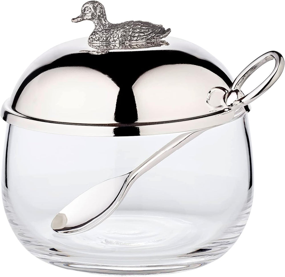 Borcan de dulceață de rață EDZARD (Ø 10 cm) din argint și sticlă - Cutie și lingură - Bol, recipient pentru zahăr, brânză - Borcan de dulceață cu capac, depozitare cu capac, cutie cu încuietoare cadou