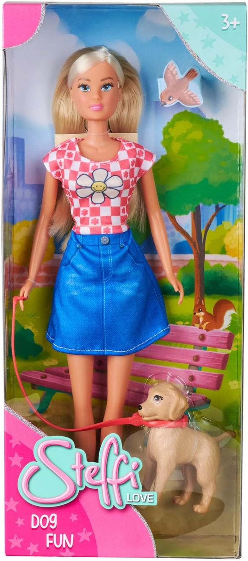 Simba Steffi Love Dog Fun – Modepuppe mit Hund & Leine, 29 cm, Hundespaziergang im Rollenspiel für Kinder ab 3 Jahren