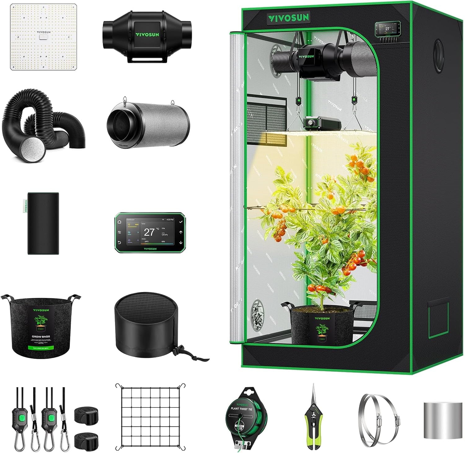 VIVOSUN Smart Grow sátor teljes készlet 60x60x120cm, integrált WiFi automatikus növesztő rendszer 100W teljes spektrumú LED világítással és hatékony szellőzőrendszer GrowHub E42A+ vezérlővel