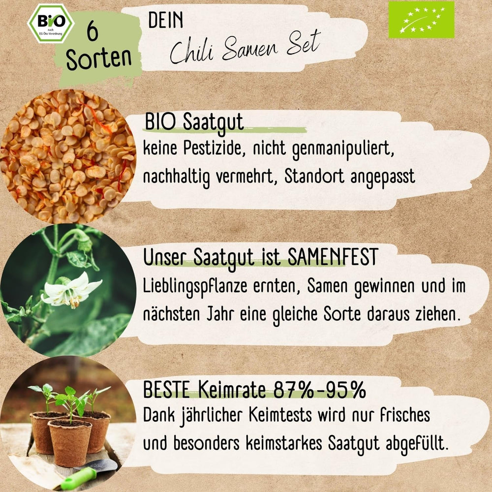 Set de semințe de chili organice – 6 semințe de chili organice, cu o intensitate ușoară până la extrem de iute, de calitate polenizată liber | de la picantul Habanero la soiuri de chili colorate și tradiționale – Semințe de Pepperoni