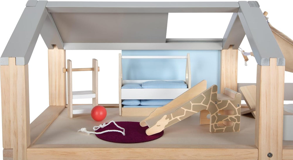 Casă de păpuși din lemn Small Foot, culori naturale – cu 3 etaje, terasă pe acoperiș și set de mobilier cu 51 de piese, încurajează jocul creativ, potrivită pentru vârste de la 3 ani în sus, 12541