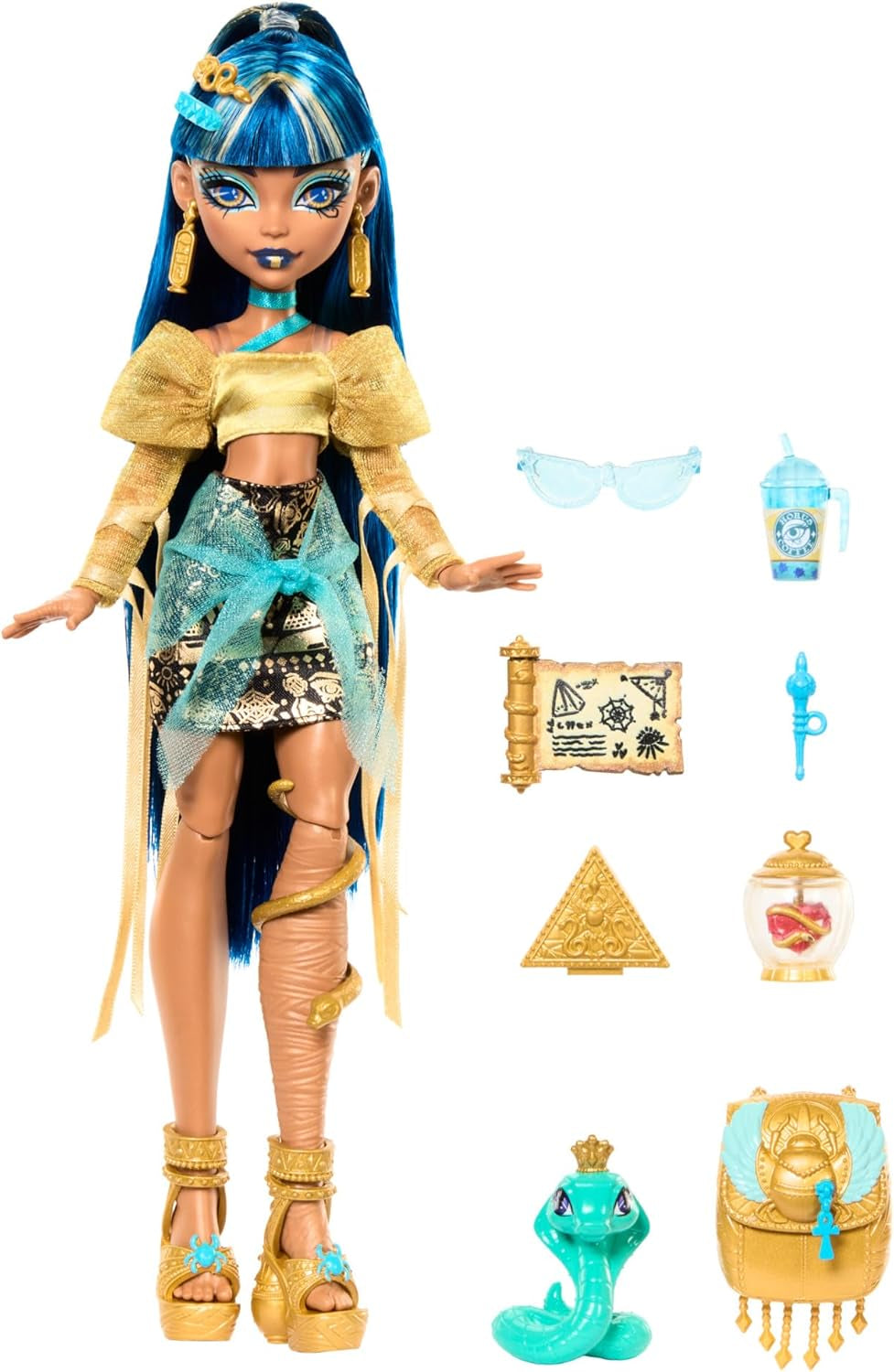 Păpușa Monster High Cleo De Nile într-o bluză aurie și o fustă cu mai multe straturi, include cobra Hissette și accesorii precum un ghiozdan, o gustare și un sul de hârtie igienică, HXH74