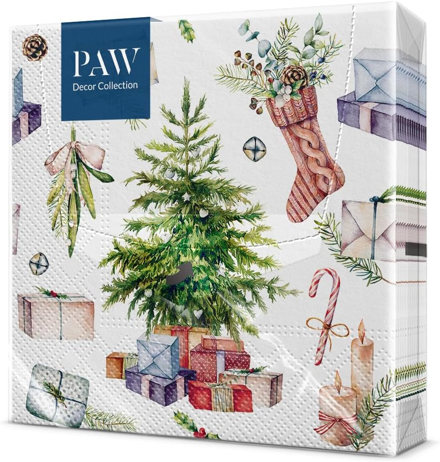 PAW - Șervețele 3 straturi (33 X 33 Cm) I 20 bucăți I Șervețele de hârtie colorate perfecte pentru masa de Crăciun I Șervețele - Crăciun, iarnă, stele, zăpadă, oameni de zăpadă I Familia Snowy