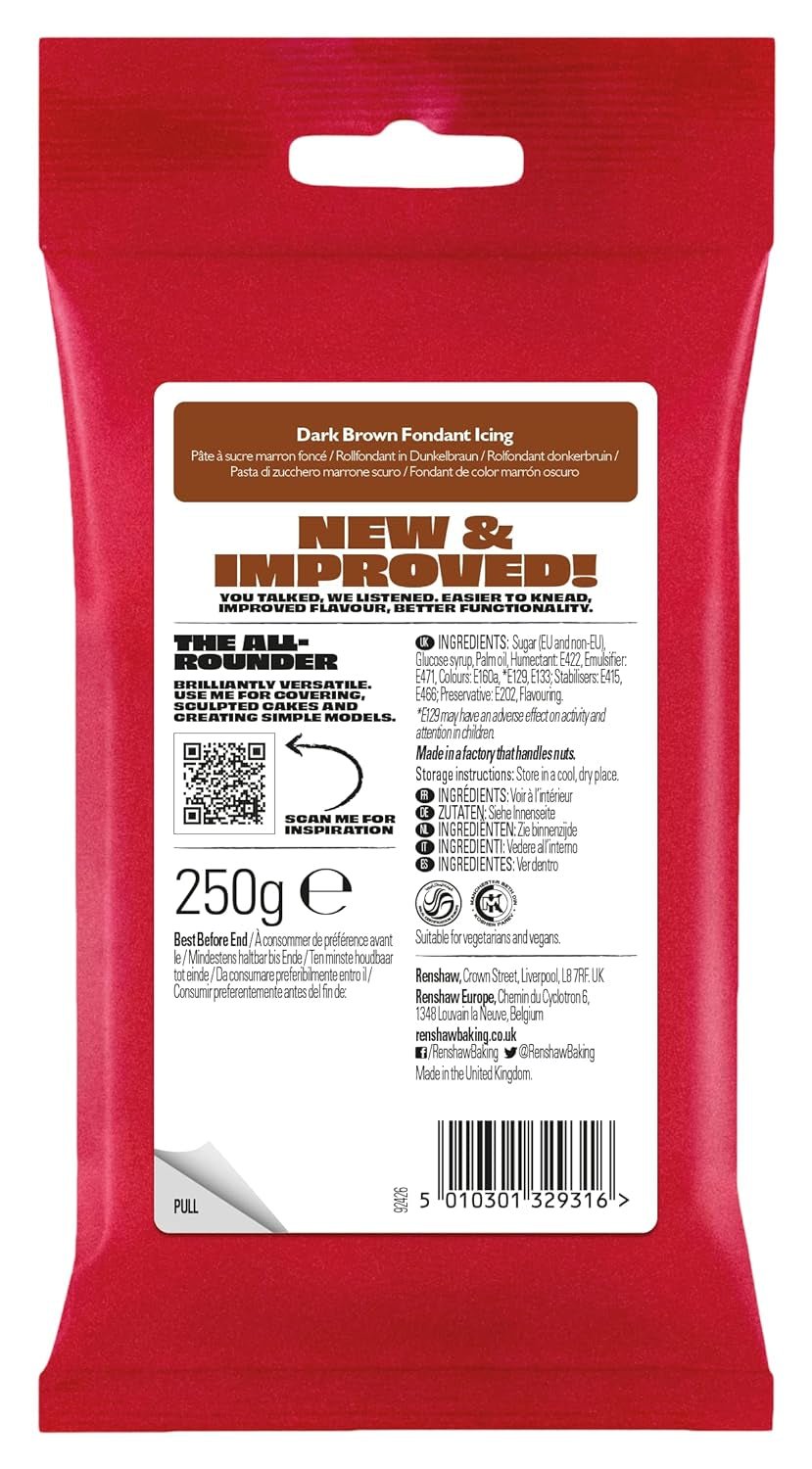 Fondant maro închis 250 g - Gata de întins, perfect pentru glazura și decorarea prăjiturilor, cupcakes și biscuiți - maro închis - 250 g Pasta de zahar Naty Shop