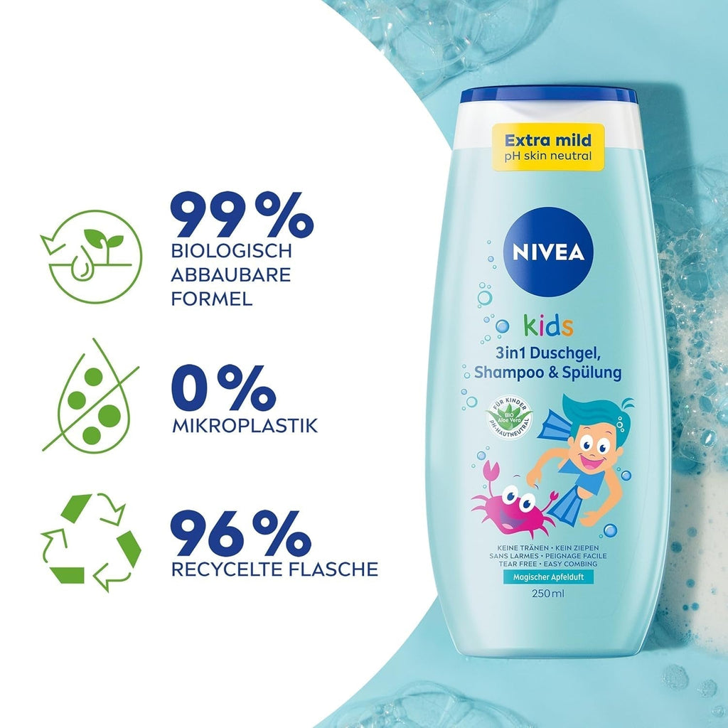 Gel de duș, șampon și balsam NIVEA KIDS 3in1, îngrijire și curățare pentru copii cu un parfum magic de mere, extra blând, îngrijire fără săpun pentru păr și piele pentru copii (250 ml) Copii - Baie si Skincare Naty Shop