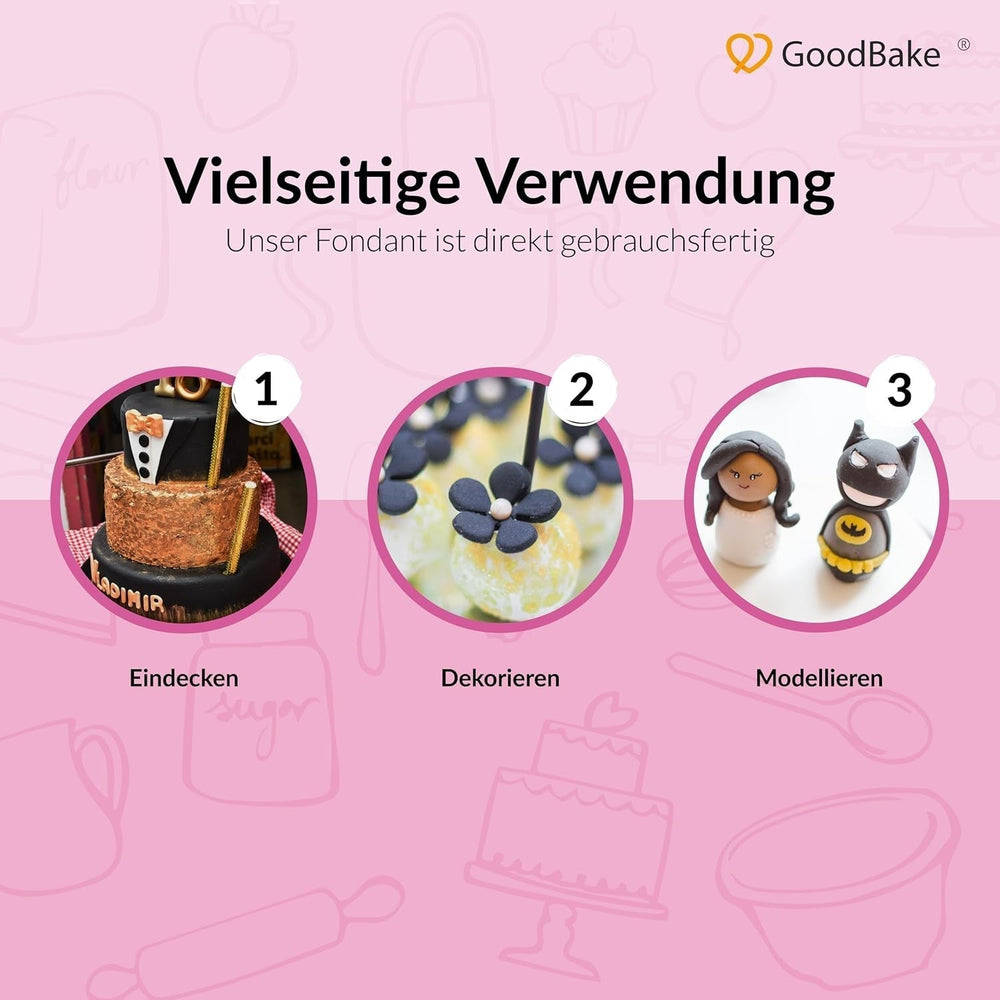 GoodBake fondant negru 500g, fondant rulat pentru acoperirea, modelarea, decorarea prăjiturilor, figurilor, florilor de zahăr și multe altele, fără ulei de palmier, vegan, fără gluten Pasta de zahar Naty Shop