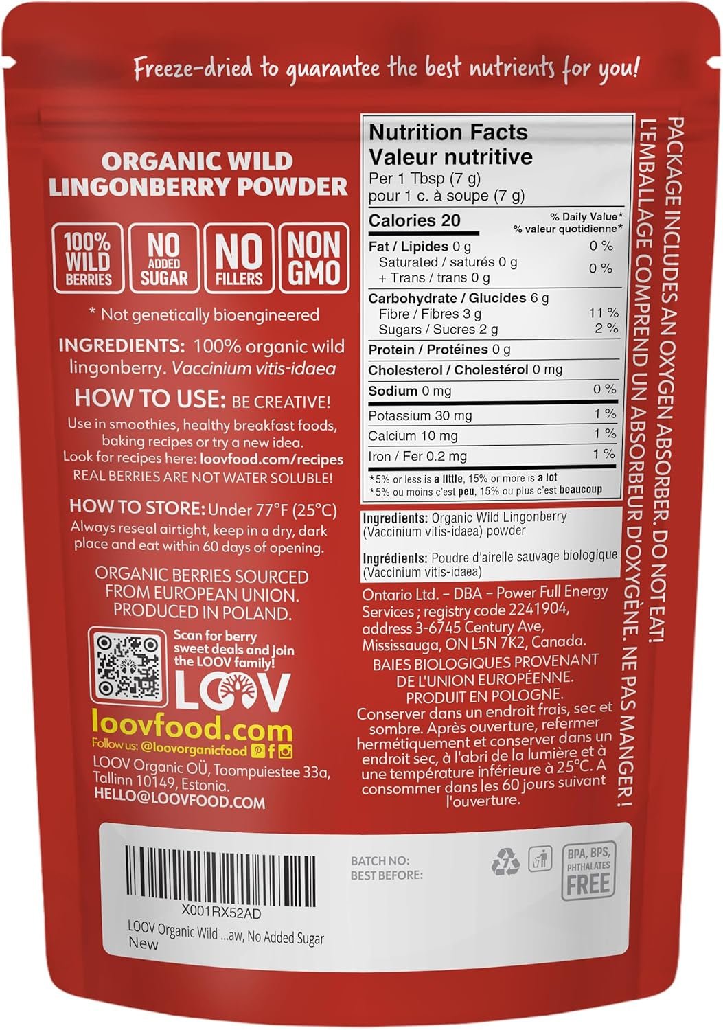LOOV pulbere organică de afine, fabricată din afine sălbatice 100% întregi, liofilizate, recoltate în pădurile din nordul Europei, 113 g, fără zahăr adăugat Produse deshidratate Naty Shop