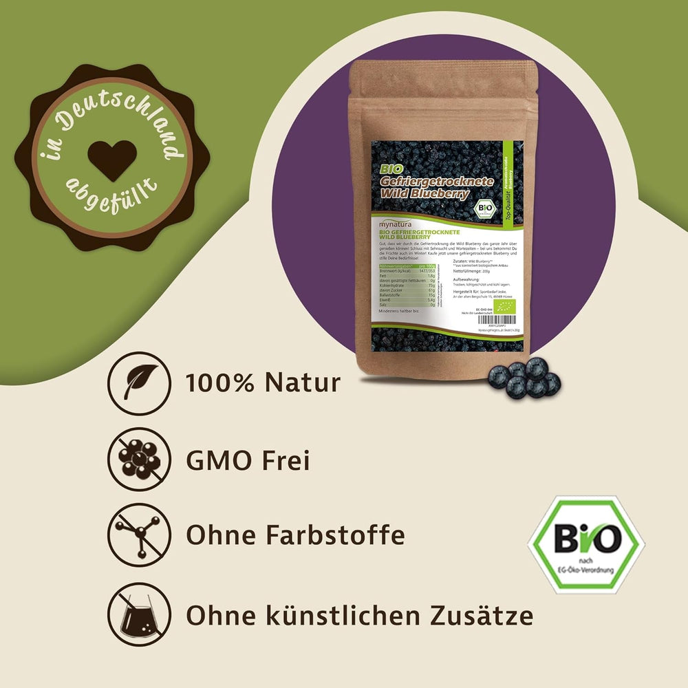 Mynatura afine sălbatice organice liofilizate I Afine I Fructe I Fructe de pădure I Produs natural I Calitate organică I Pungă (1x 200g) Produse deshidratate Naty Shop