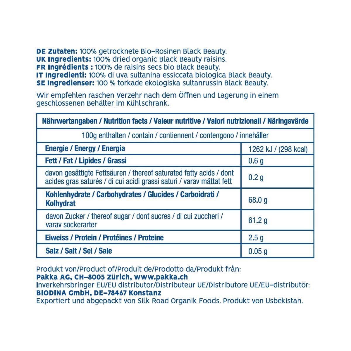 PAKKA - Organic Fairtrade Black Beauty Raisins 600gr, struguri organici, fără semințe, negri, uscați la soare, fără ulei, deci lipicioși, nesulfurați, direct de la micii fermieri din Samarkand în Uzbekistan Produse deshidratate Naty Shop