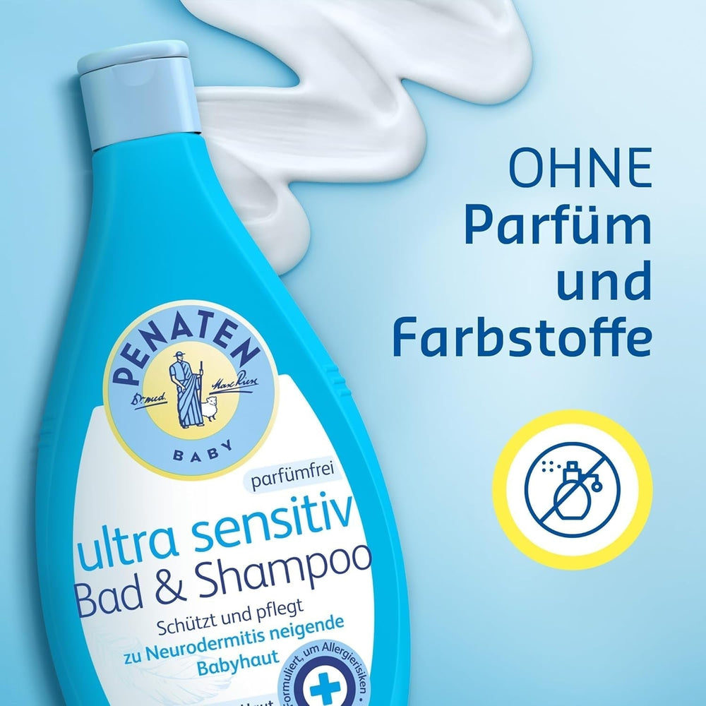 PENATEN Ultra Sensitive Bath & Shampoo (400 ml), baie și șampon pentru bebeluși deosebit de blând pentru pielea foarte sensibilă a bebelușilor predispuși la neurodermatită, gel de duș și șampon de păr fără parfum și coloranți Copii - Baie si Skincare Naty Shop