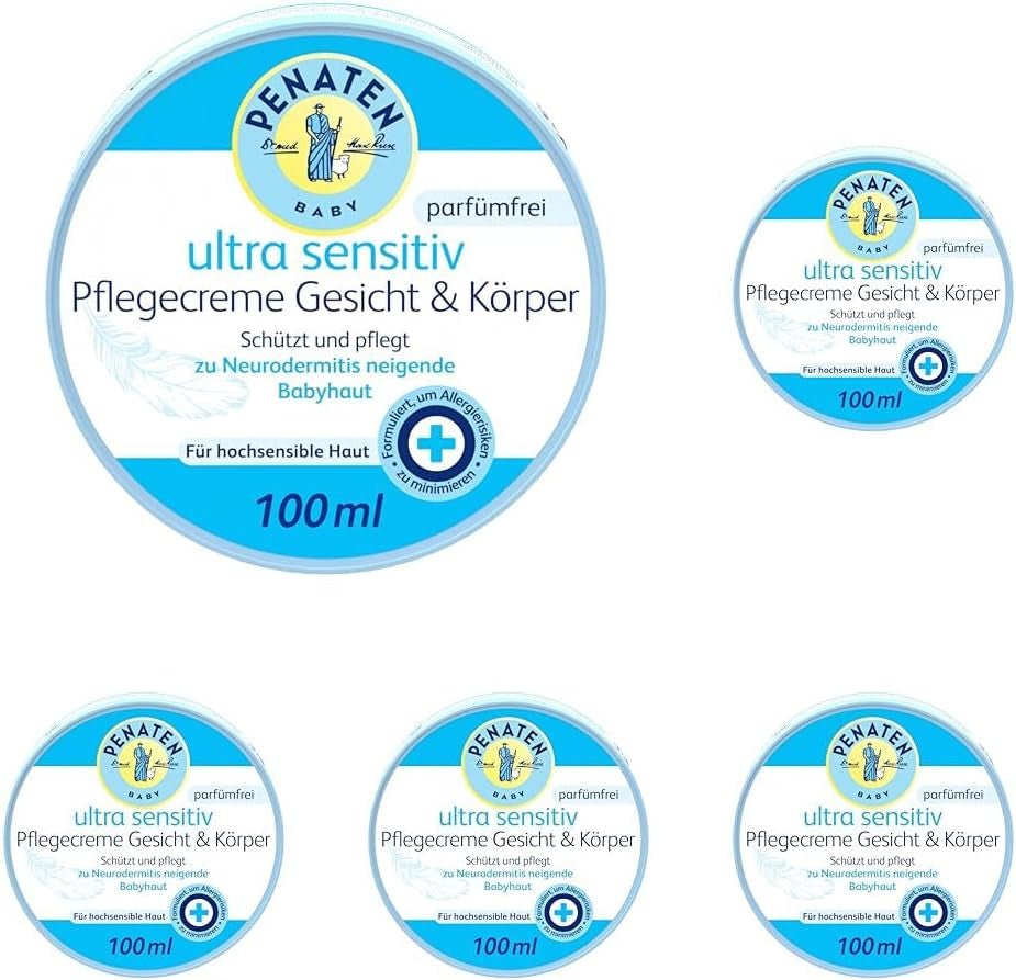 PENATEN Ultra Sensitive Care Cream Face & Body (100ml) cremă de față și de corp pentru bebeluși fără parfum, cremă hidratantă protectoare și hrănitoare pentru pielea foarte sensibilă a bebelușilor predispuși la neurodermatită Copii - Baie si Skincare Naty Shop 100 Ml (pachet de 5) Pentru pielea sensibilă