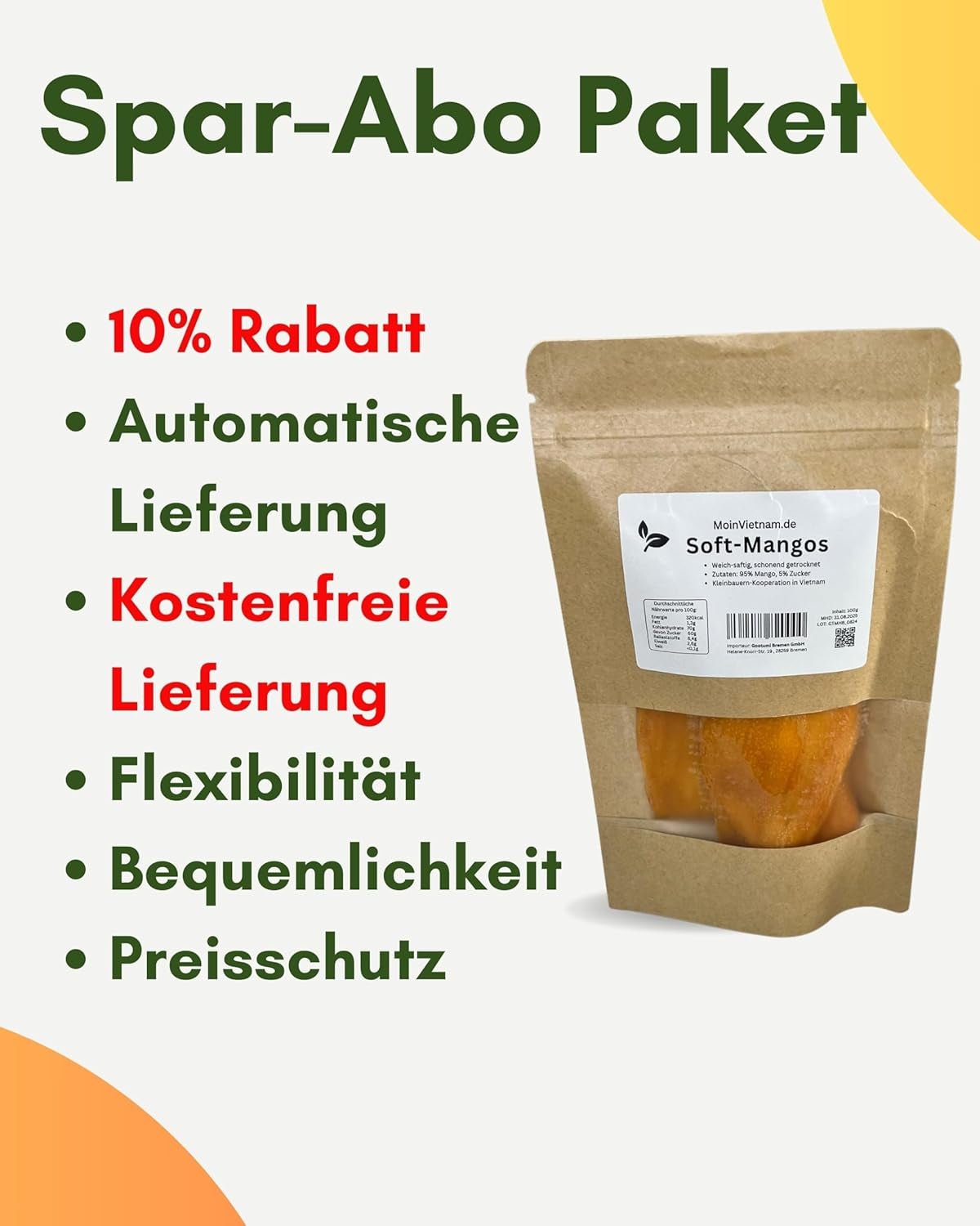 SOFT MANGO - Felii moi de mango uscat din Vietnam - Aromă fructată și exotică - Vitaminele Power A, C, E - Vegan - Punguță stand-up 100g Mango uscat Produse deshidratate Naty Shop