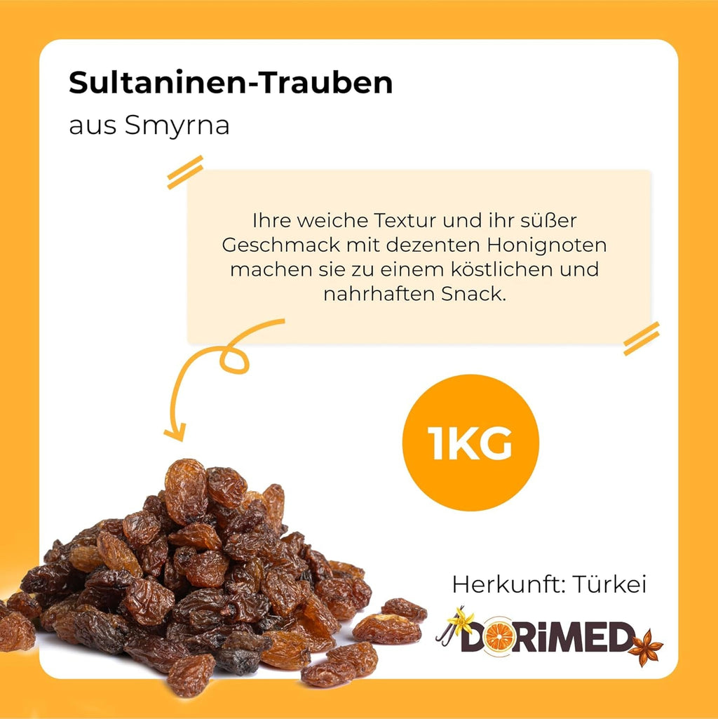 Stafide Sultanas 1kg | Stafide Smyrna | Stafide uscate Sultanas originare din Izmir | 100% de origine turcă | Snacks-uri de calitate | în Fibre dietetice din struguri uscați | Produse deshidratate Naty Shop