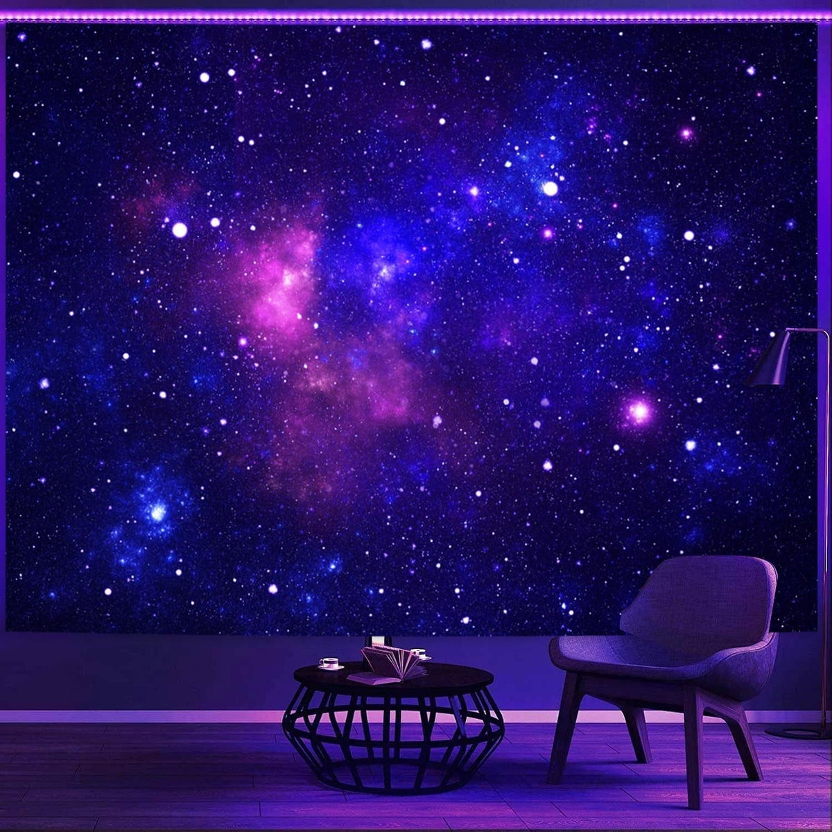 Tapiserie galaxie lumina neagra cer instelat albastru reactiv Casa - Accesorii si Decoratiuni Naty Shop Galaxie 150L X 130B Cm