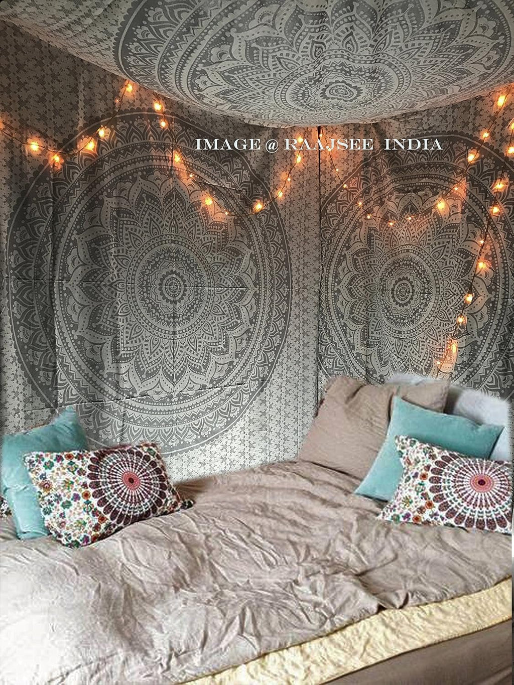 Tapiserie indiana mandala alb argintiu camera estetic panza Casa - Accesorii si Decoratiuni Naty Shop
