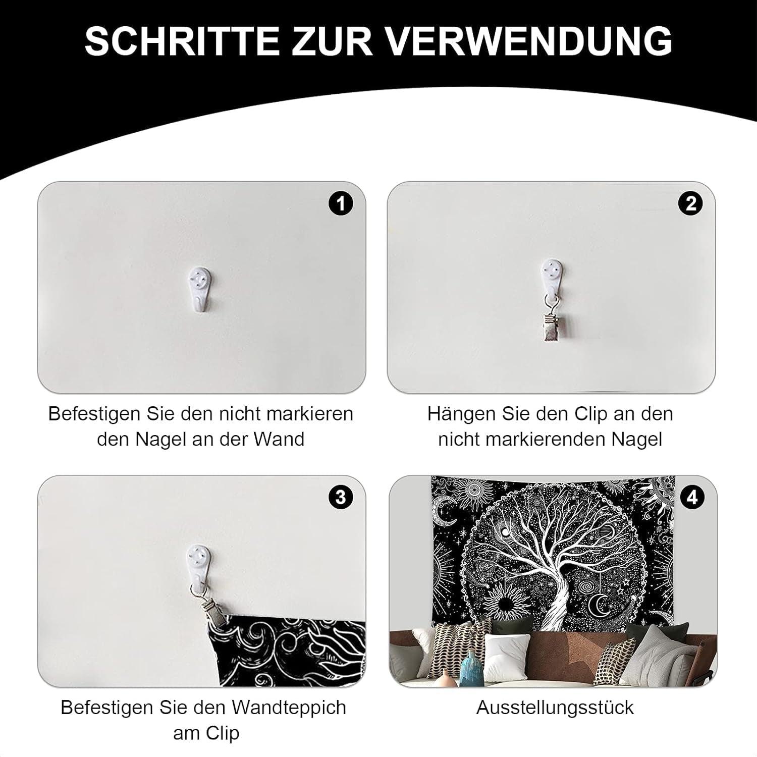 Tapiserie negru alb copac viata tapiserii faze luna Casa - Accesorii si Decoratiuni Naty Shop