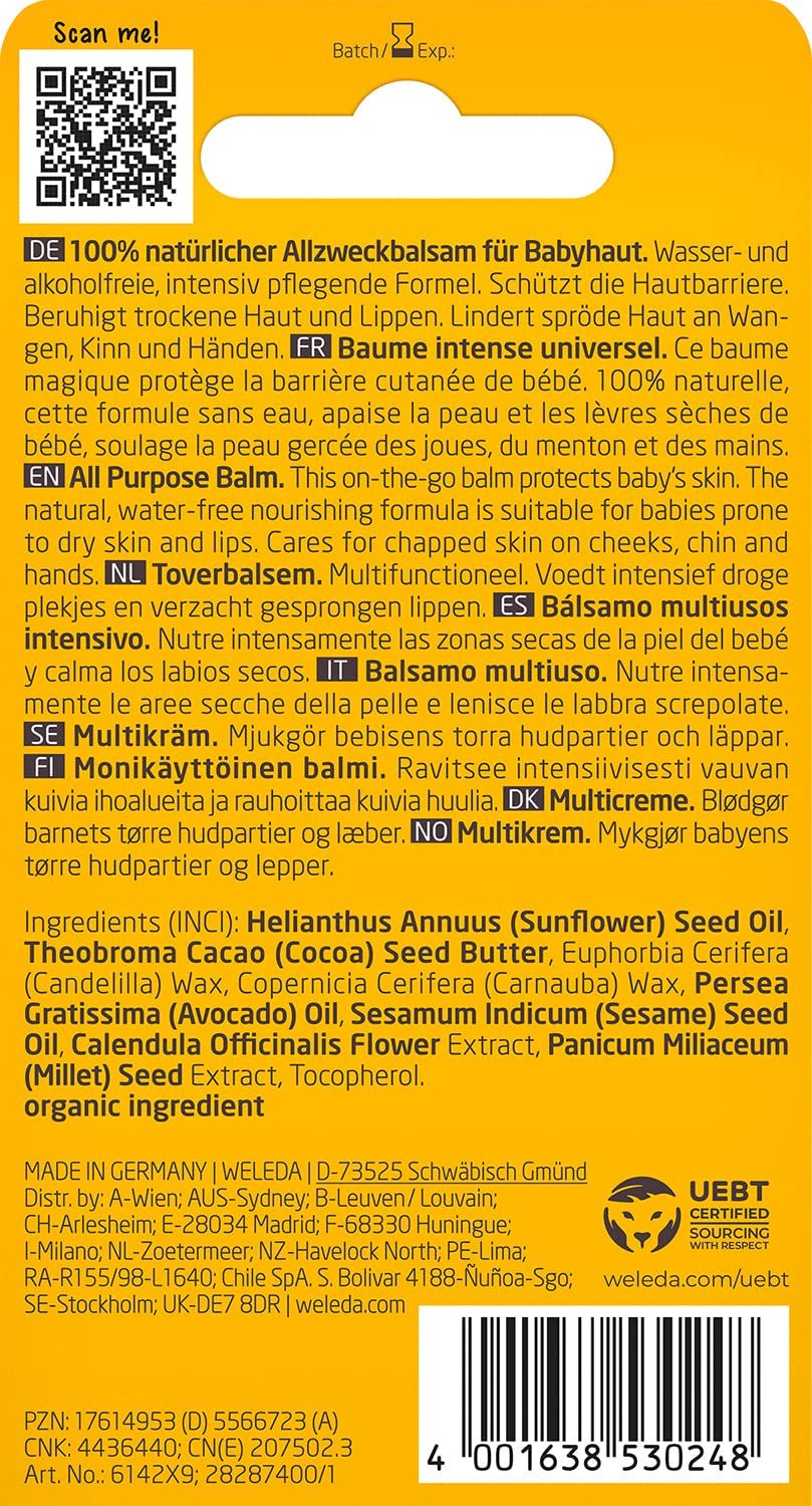 WELEDA Organic Baby Calendula Magic Balm - Balsam universal de cosmetice naturale pentru față și corp pentru îngrijirea și calmarea pielii și buzelor uscate. Balsam bogat universal pentru bebeluși și copii (1x 25g) Copii - Baie si Skincare Naty Shop